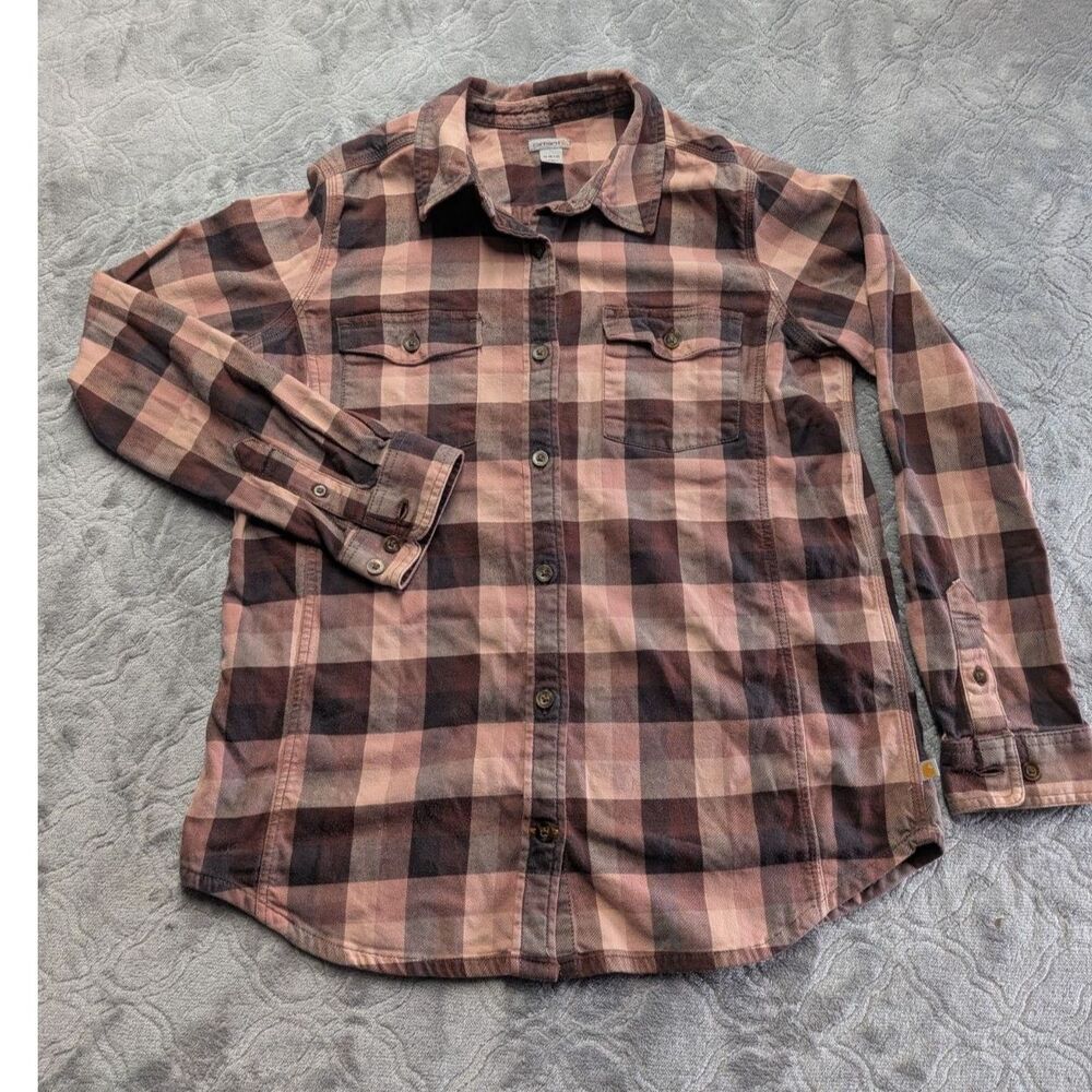 Carhartt Women's Plaid Flannel Shirt M 8/10 Pink Brown Button Front Workwear